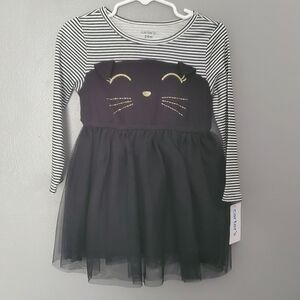 NWT Carter's Black Dress Striped Sleeves Tulle Skirt Cat Face Size 24 Months